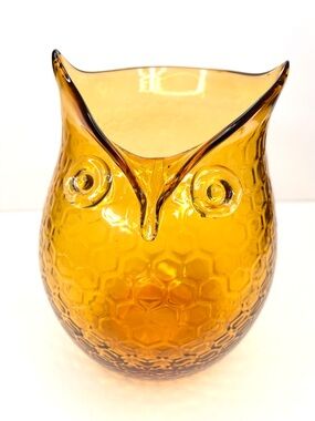 Vintage Mid-century Owl Vase Amber Gold Art Glass Decor Honeycomb Texture 8.5”
